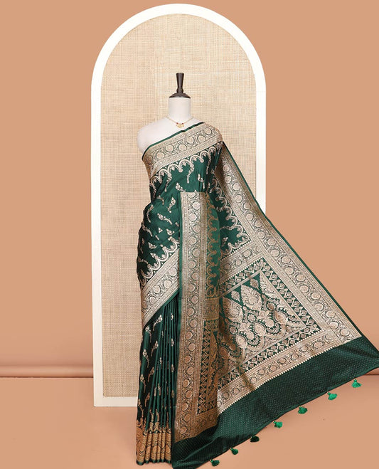 Green floral buttas banarasi silk saree, traditional zari border of floral creeper designs, and pallu of intricate designs
