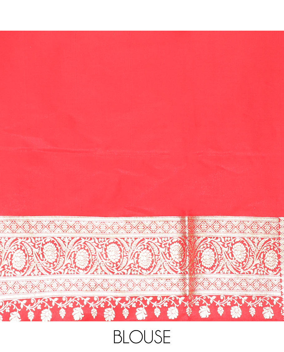 Green zari buttas and leaf vine banarasi silk saree, contrast floral creeper design border, and intricate ogee patterned pallu