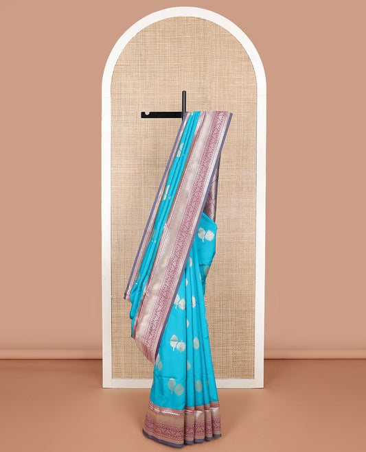 Blue leaf design butter silk saree with contrast traditional zari design border & argyle design pallu