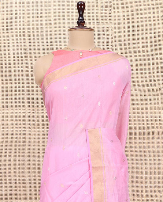 Pink Chanderi Cotton Saree, Decked Up with Zari Buttas All Over Its Body, Highlighted by a Zari Border, Pallu  of Zari Stripes and Floral Buttas, and Paired with a Matching Blouse