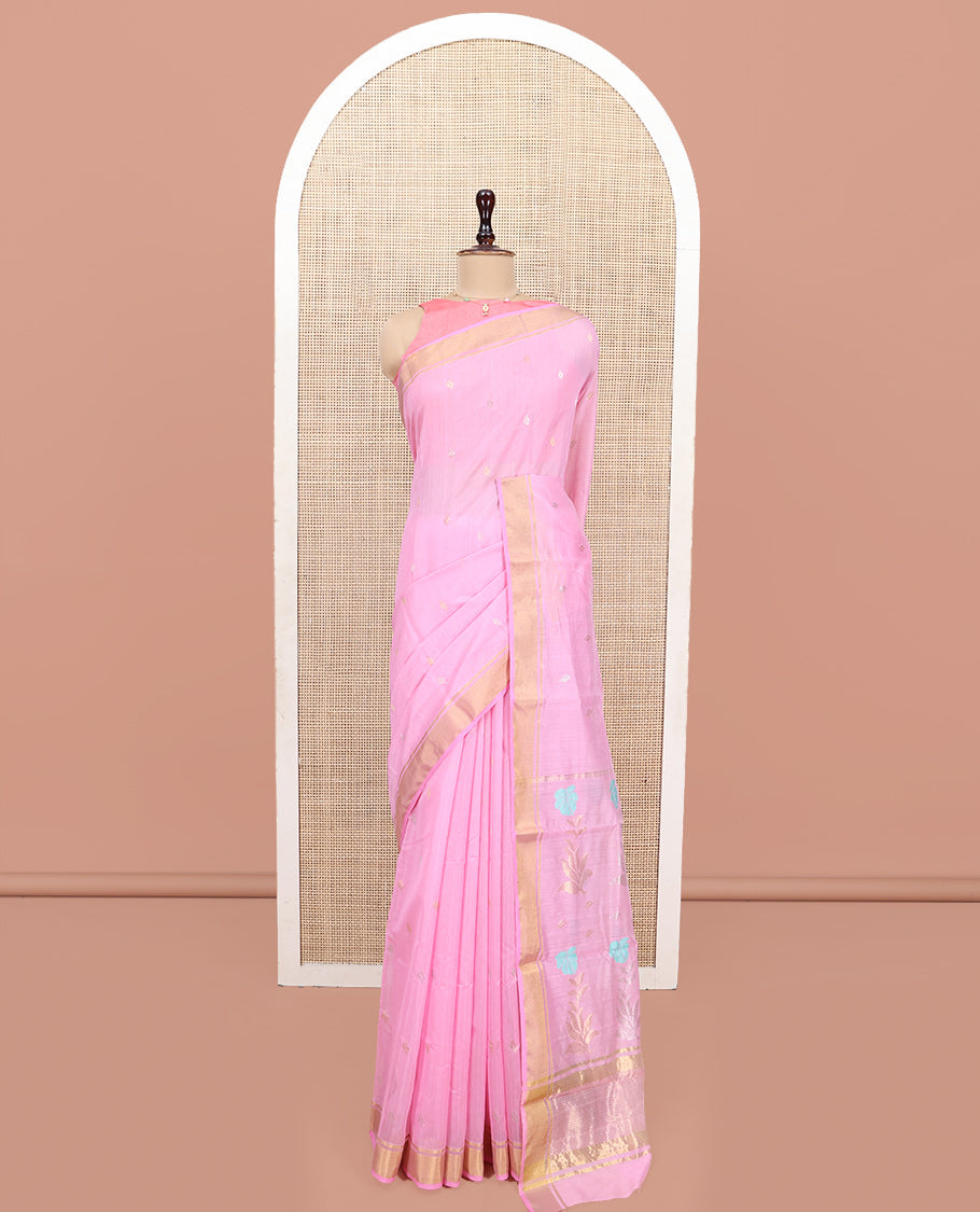 Pink Chanderi Cotton Saree, Decked Up with Zari Buttas All Over Its Body, Highlighted by a Zari Border, Pallu  of Zari Stripes and Floral Buttas, and Paired with a Matching Blouse