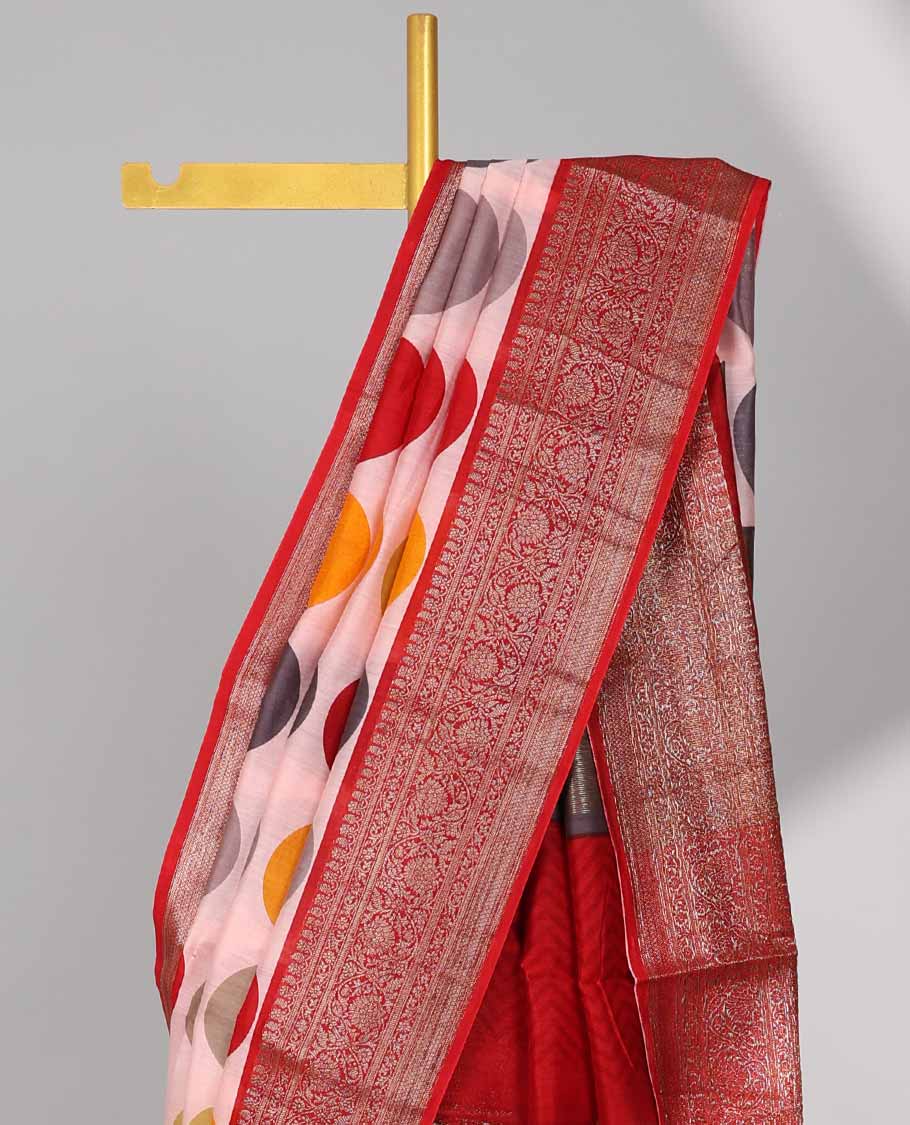 Cream geometric design chanderi cotton saree with contrast zari design border & intricate zari design pallu