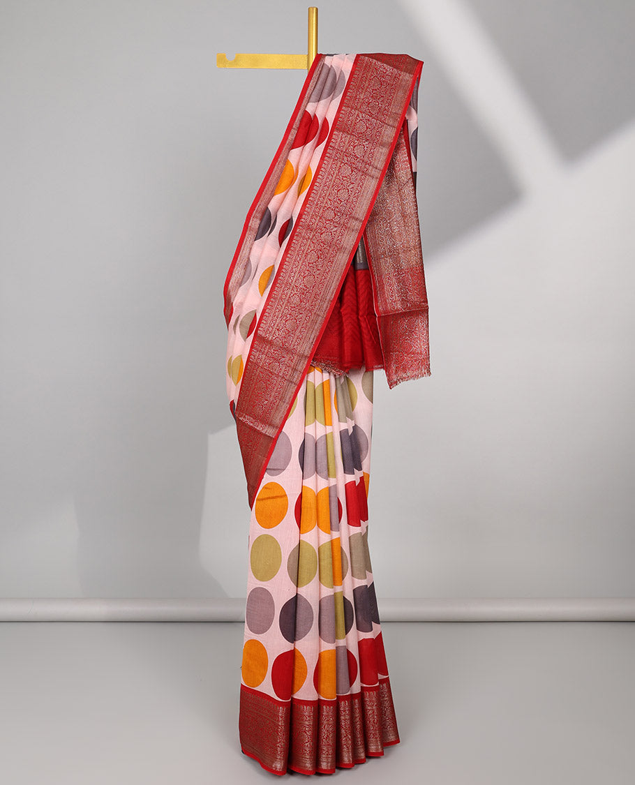 Cream geometric design chanderi cotton saree with contrast zari design border & intricate zari design pallu