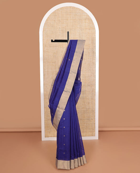 Blue floral motifs chanderi cotton saree with self zari border & striped, floral design pallu