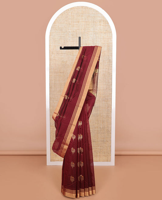 Maroon floral motifs chanderi cotton saree with self zari design border & striped pallu