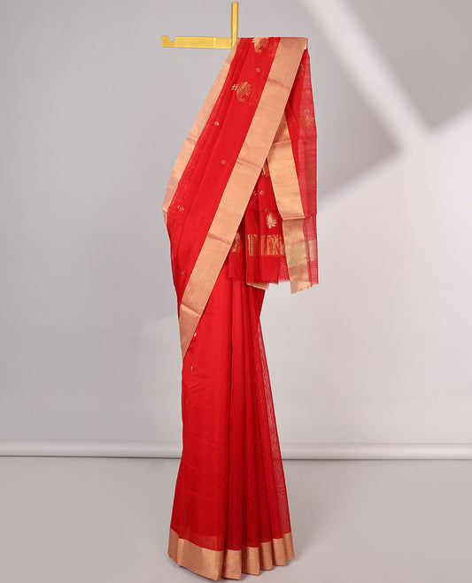 Red motifs printed chanderi cotton saree with contrast plain border & paisley motifs pallu