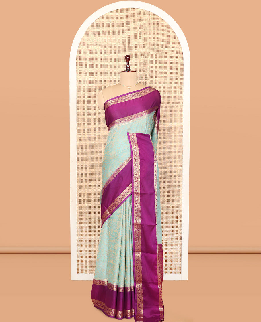 Turquoise Fancy Crepe Saree, Mesmerized with Floral Vine and Peacock Design, Complemented by a Contrast Traditional Zari Design Border, Intricately Designed Pallu, and Contrast Blouse