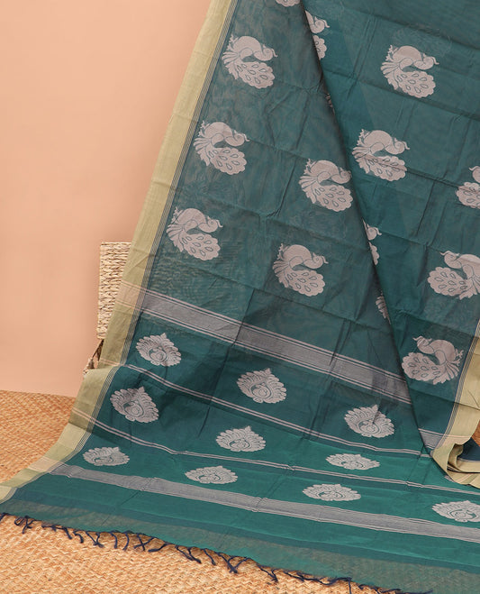 Dark green peacock motifs kanchi cotton saree with contrast striped border & floral motifs, striped pallu