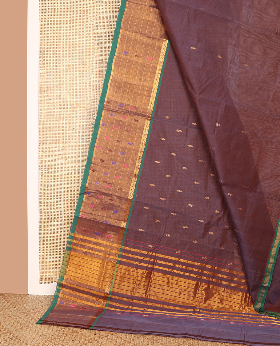 Brown Venkatagiri Cotton Saree, Elevated with Buttas on Its Body, Complemented by Contrast Border of Zari and Thread Designs, Gleaming Striped Pallu, and Comes Without a Blouse