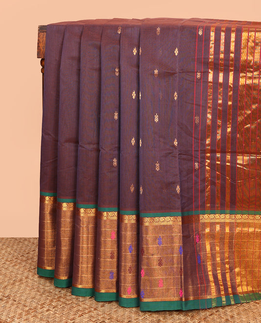 Brown Venkatagiri Cotton Saree, Elevated with Buttas on Its Body, Complemented by Contrast Border of Zari and Thread Designs, Gleaming Striped Pallu, and Comes Without a Blouse