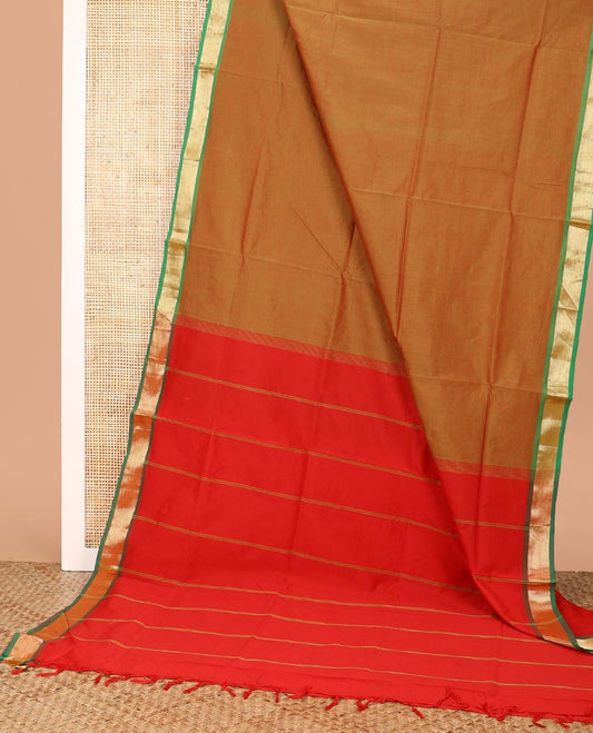 Brown Plain Poly Cotton Saree, Complemented by a Contrast Chevron Striped Zari Border, Pallu of Stripes, and Paired with a Contrast Blouse