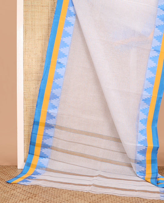 Off-white plain Bengal cotton saree, contrast temple border, and striped pallu