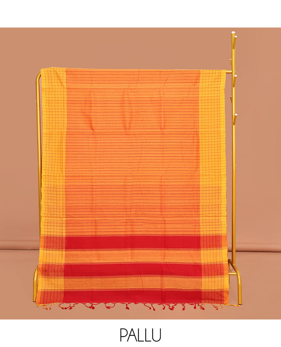 Orange Striped Mangalgiri Cotton Saree, Complemented by Contrast Checked Border, Contrast Pallu and Paired with a Contrast Blouse
