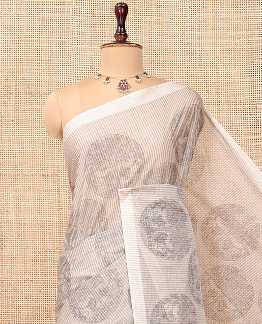 Beige Jute Cotton Saree, Sparsely Sparkled with Round Motifs and Stripes, Striped Pallu, and a Contrast Blouse