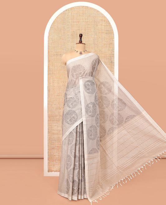Beige Jute Cotton Saree, Sparsely Sparkled with Round Motifs and Stripes, Striped Pallu, and a Contrast Blouse