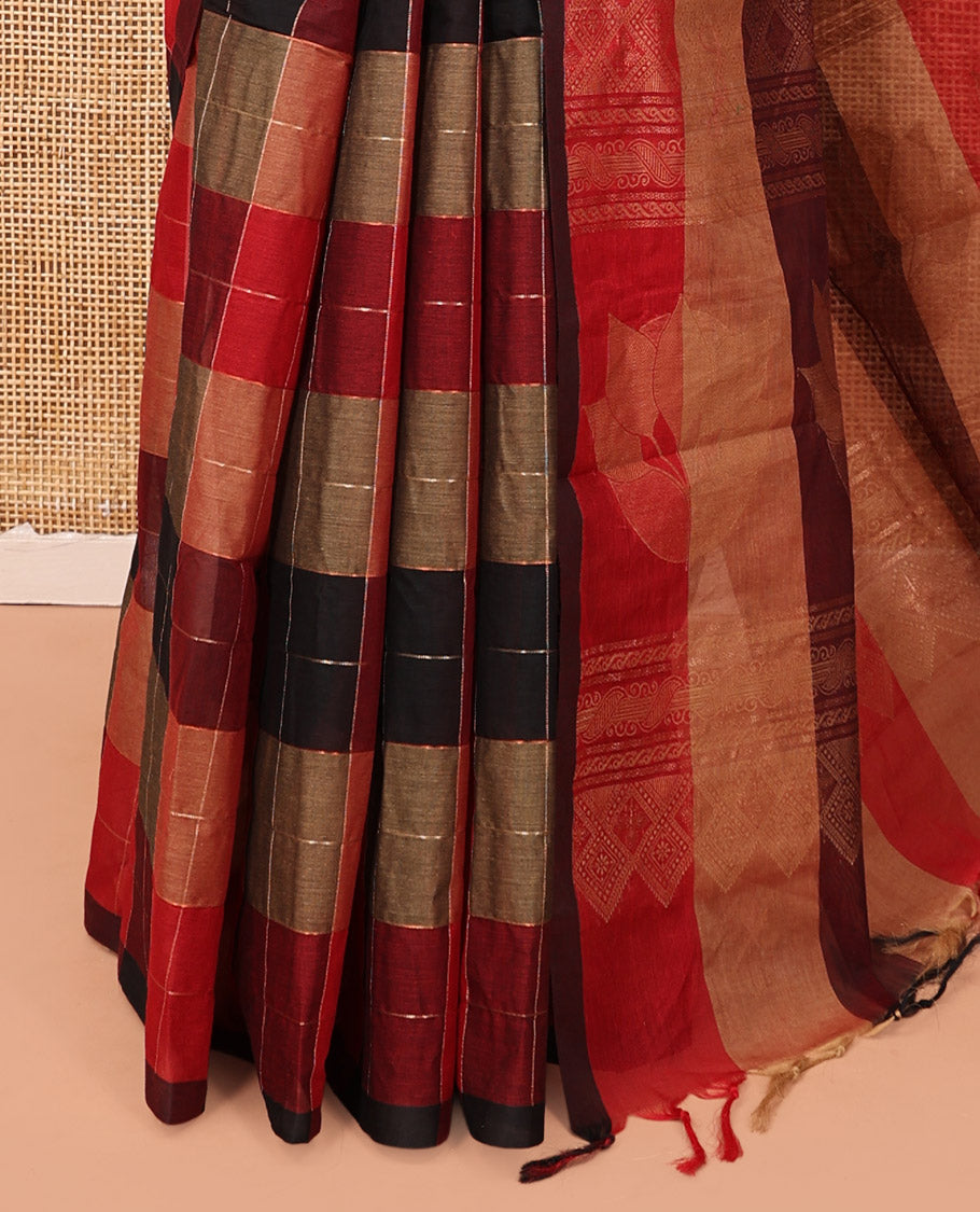 Borderless Multi-Color Cotton Saree, Adorned with Flower Buttas and Checks, Intricately Designed Pallu, and a Matching Blouse
