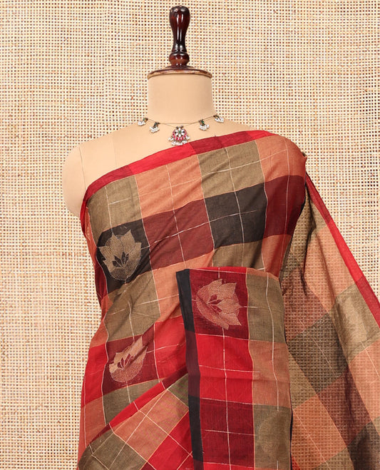 Borderless Multi-Color Cotton Saree, Adorned with Flower Buttas and Checks, Intricately Designed Pallu, and a Matching Blouse