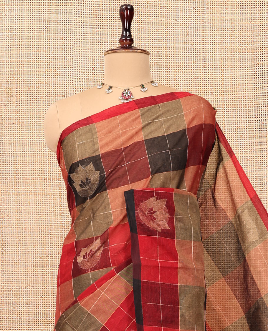Borderless Multi-Color Cotton Saree, Adorned with Flower Buttas and Checks, Intricately Designed Pallu, and a Matching Blouse