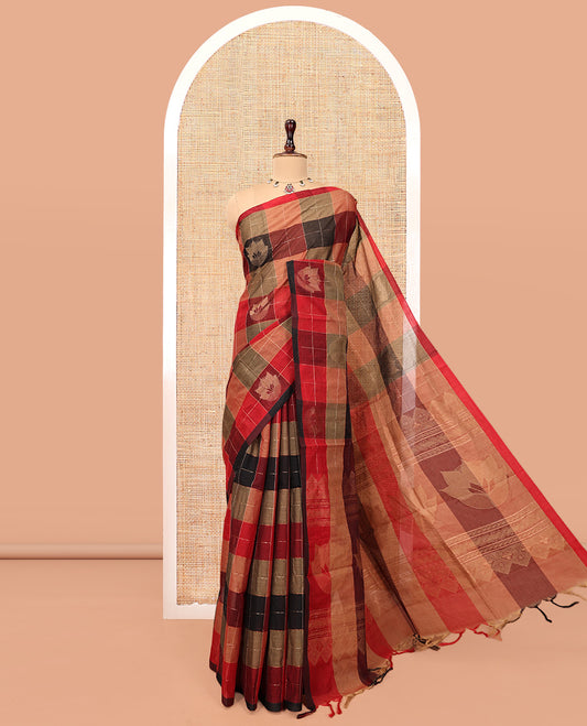 Borderless Multi-Color Cotton Saree, Adorned with Flower Buttas and Checks, Intricately Designed Pallu, and a Matching Blouse