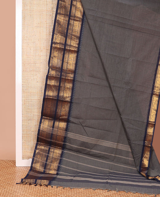 Grey plain design Chettinad cotton saree, contrast traditional design zari border, and pallu of stripes