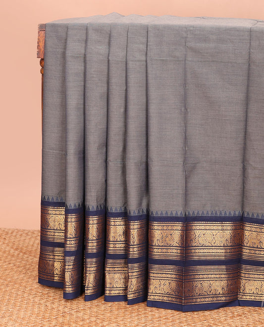 Grey plain design Chettinad cotton saree, contrast traditional design zari border, and pallu of stripes