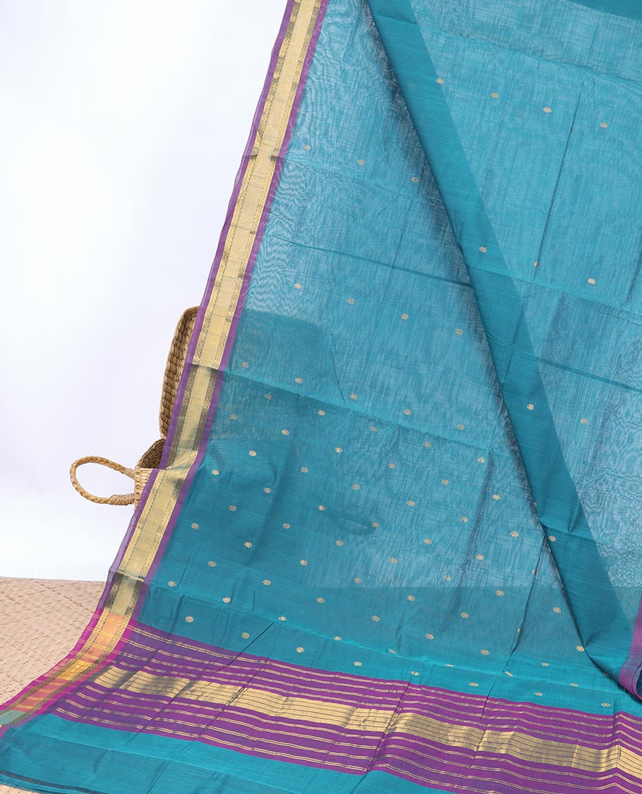Blue buttas Vengatagiri cotton saree, contrast border & pallu of zari stripes