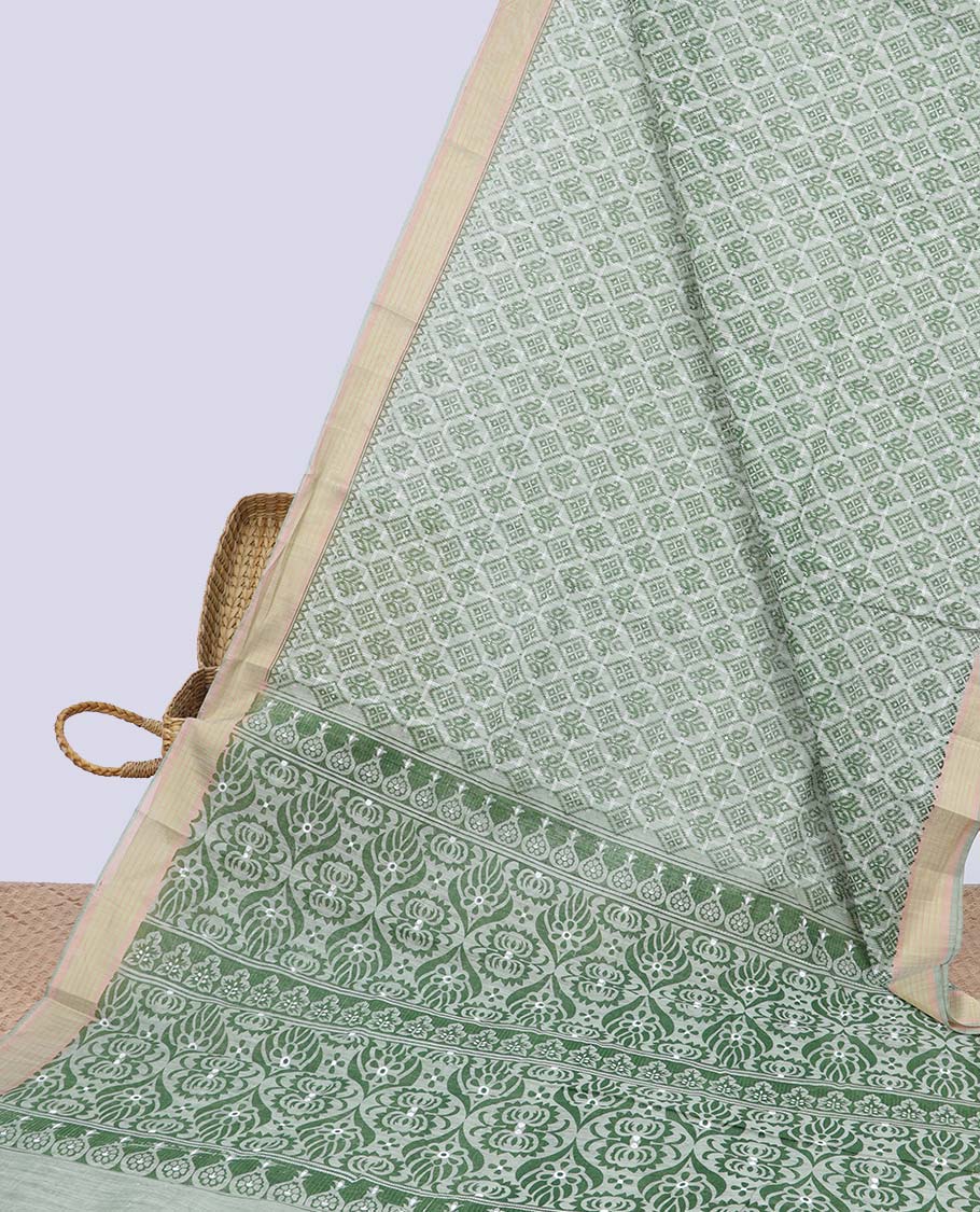 Green argyle printed budget cotton saree, plain border & intricate pallu
