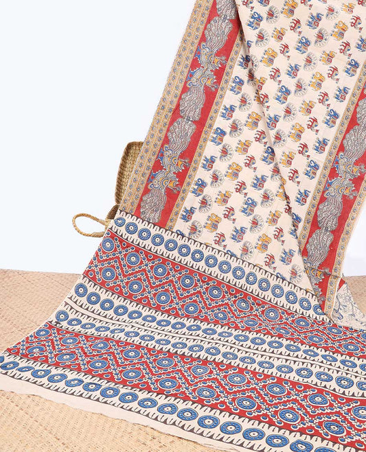 Cream animal motifs machine printed kalamkari cotton saree, contrast peacock border & intricate pallu