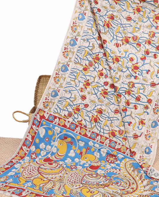 Cream floral machine-printed kalamkari cotton saree, floral creeper border & contrast peacock pallu