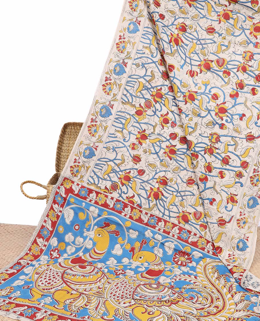 Cream floral machine-printed kalamkari cotton saree, floral creeper border & contrast peacock pallu