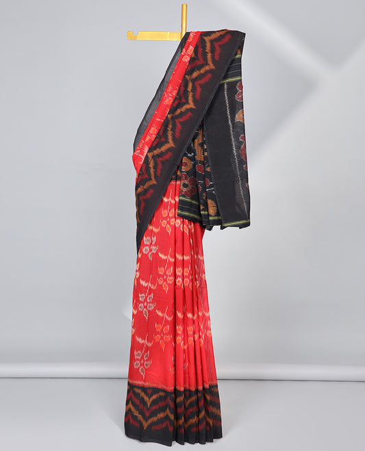Red floral ikkat cotton saree with contrast gemontric design border & floral design pallu