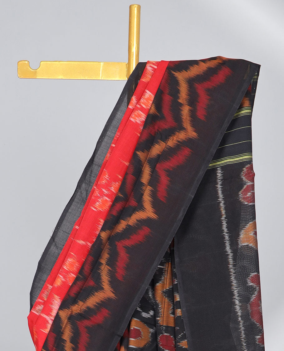 Red floral ikkat cotton saree with contrast gemontric design border & floral design pallu