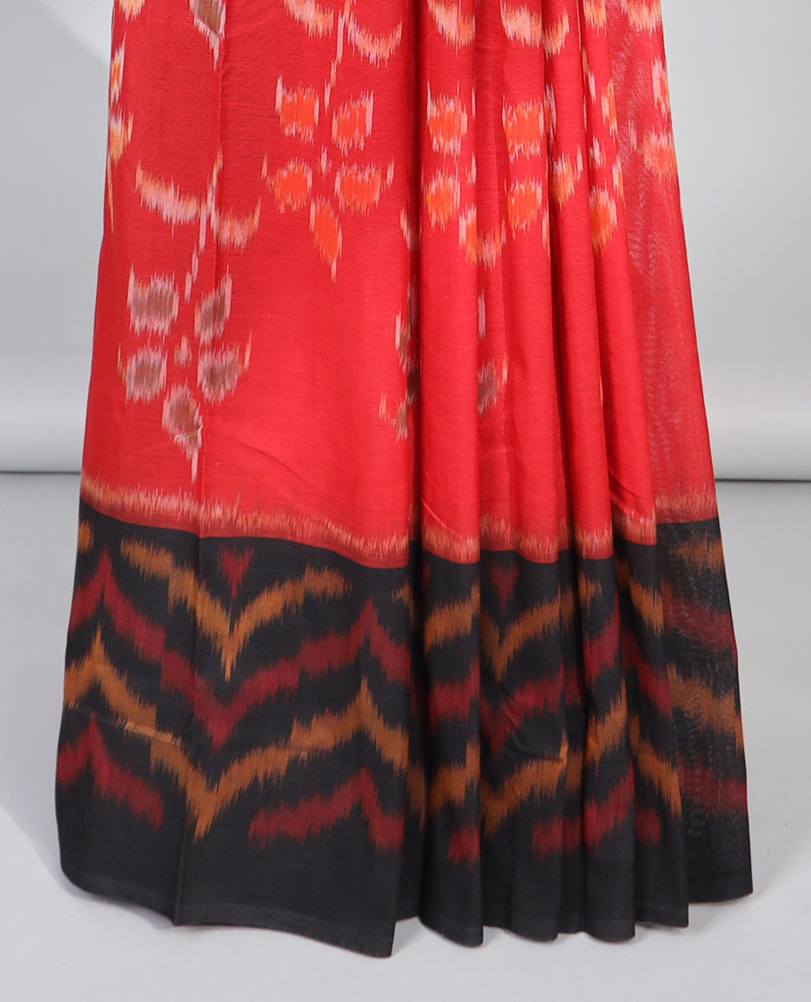 Red floral ikkat cotton saree with contrast gemontric design border & floral design pallu