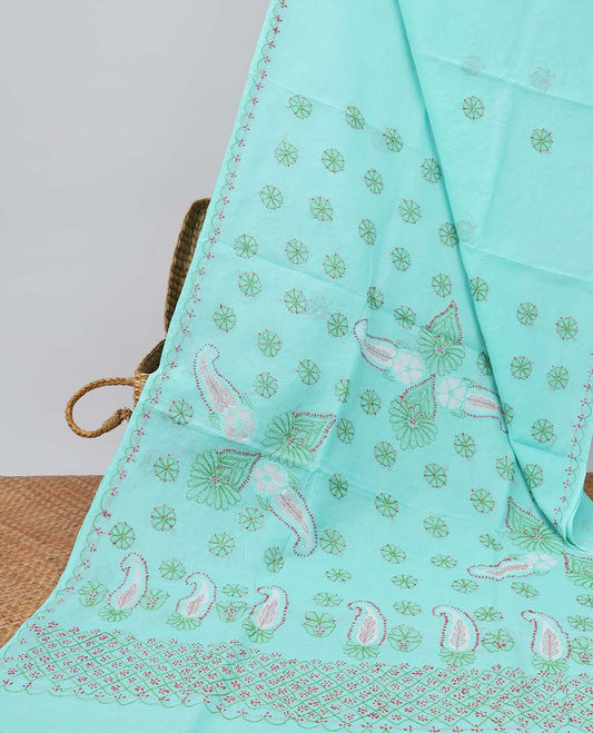 Turquoise floral thread embroidery chikankari cotton saree with self embroidery border with paisley embroidery pallu