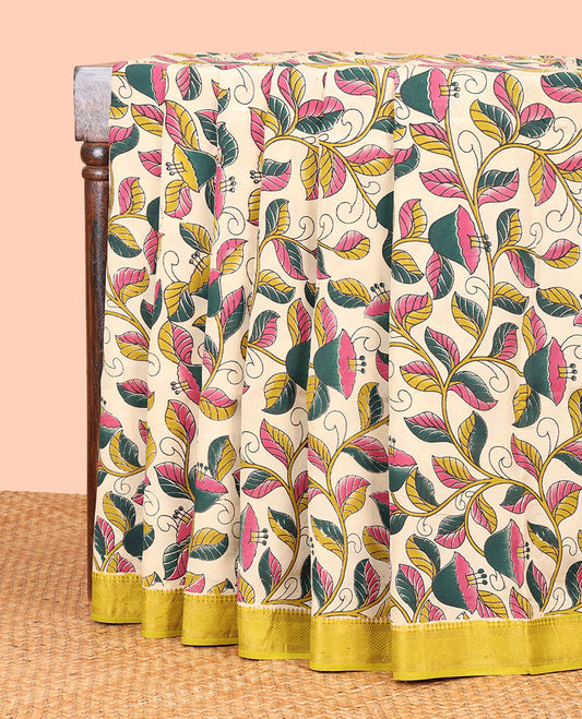 Cream floral design machine-printed kalamkari cotton saree with contrast zari design border & unique floral design pallu