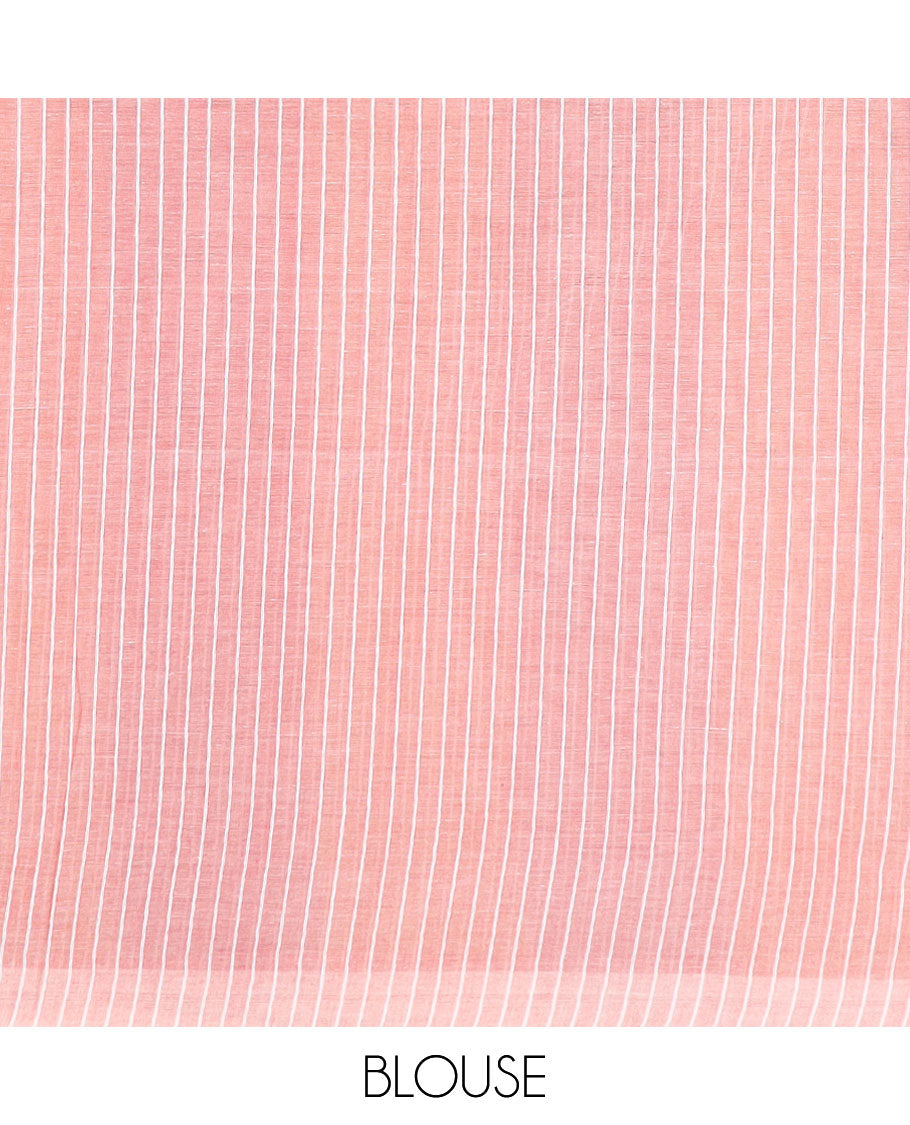 Borderless yellow and pink striped jute cotton saree, self-pallu of stripes