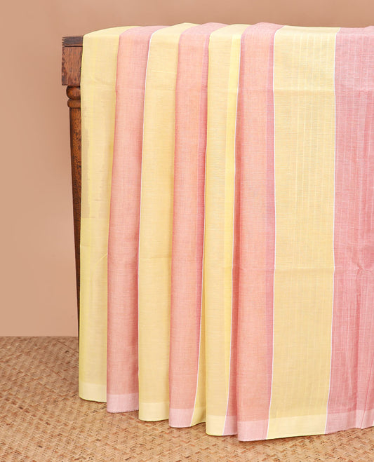 Borderless yellow and pink striped jute cotton saree, self-pallu of stripes