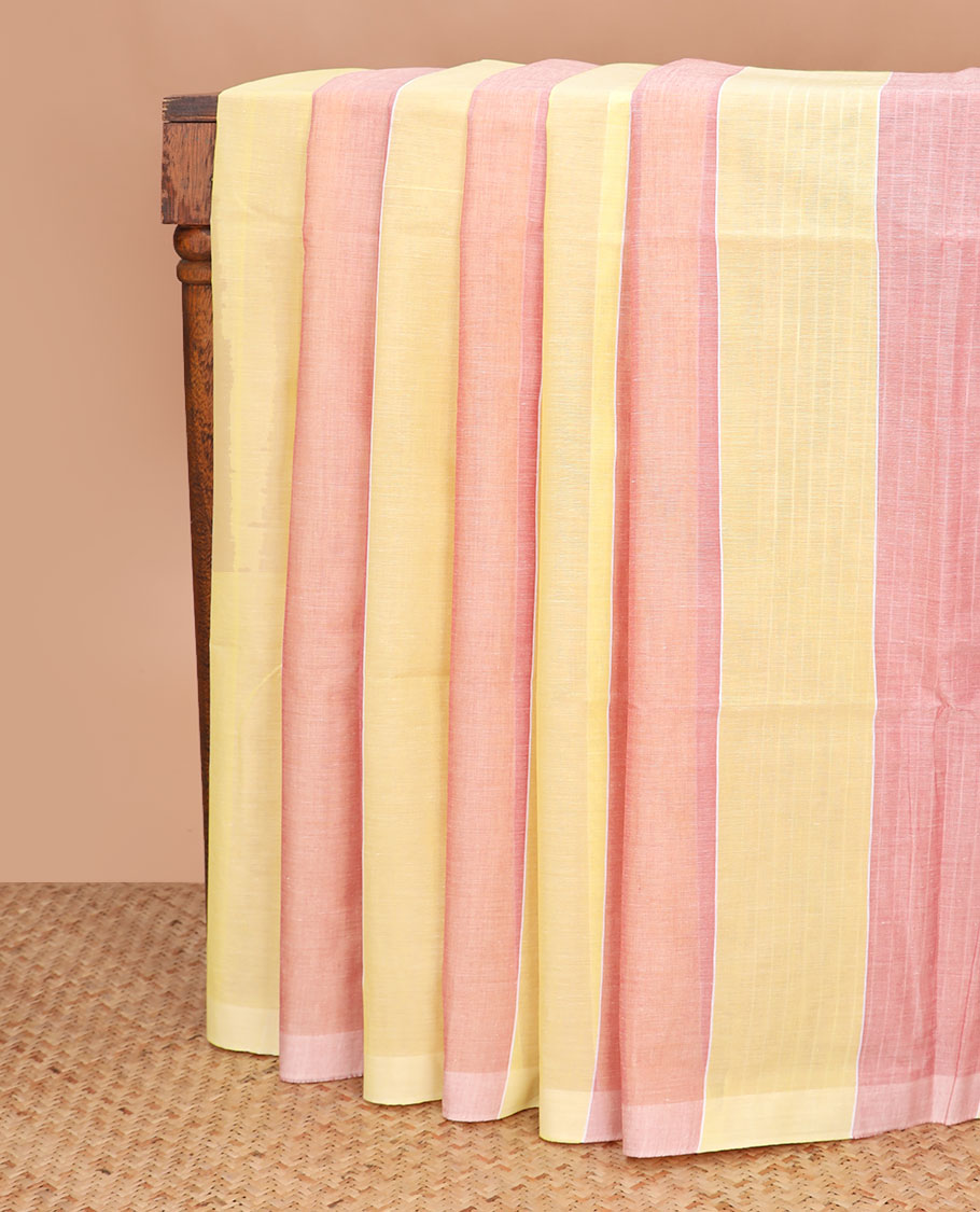 Borderless yellow and pink striped jute cotton saree, self-pallu of stripes