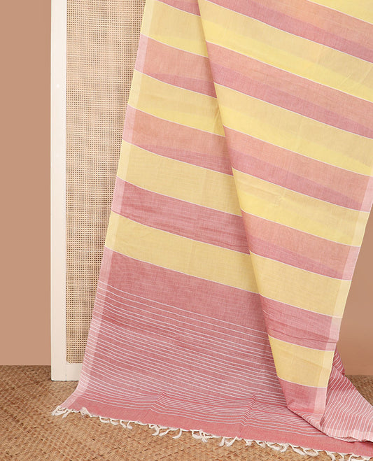 Borderless yellow and pink striped jute cotton saree, self-pallu of stripes