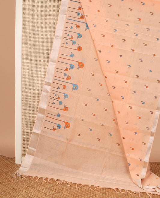 Orange bird buttas printed Chirala cotton saree, bavanji border and pallu of light striped