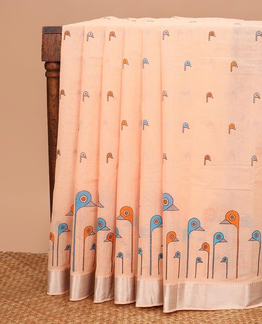 Orange bird buttas printed Chirala cotton saree, bavanji border and pallu of light striped