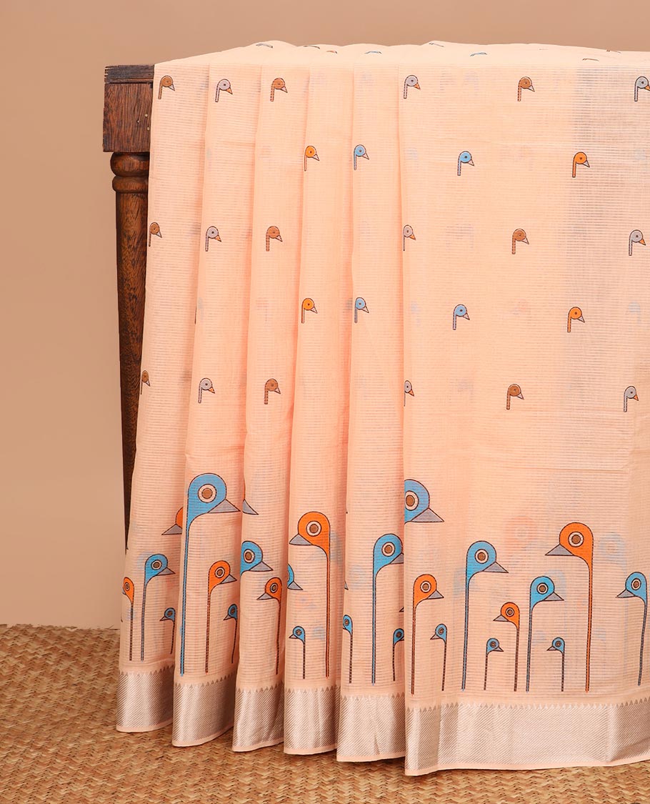 Orange bird buttas printed Chirala cotton saree, bavanji border and pallu of light striped