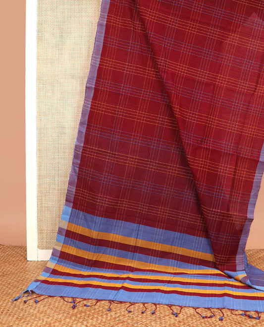 Maroon Checked Mangalagiri Cotton Saree Subtly Designed with Contrast Border, and Pallu Colorfully Decked Up with Multi-Color Stripes