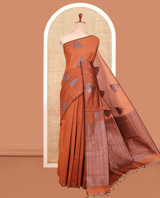Borderless Orange Semi-Silk Cotton Saree, Steeped with Zari Buttas and Dotted Stripes All Over Its Body, a Grandly Decked Up Pallu, and Paired with a Matching Blouse