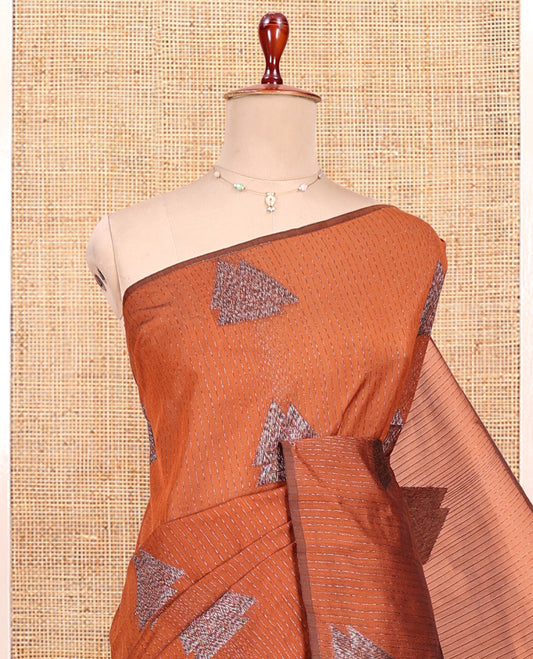 Borderless Orange Semi-Silk Cotton Saree, Steeped with Zari Buttas and Dotted Stripes All Over Its Body, a Grandly Decked Up Pallu, and Paired with a Matching Blouse