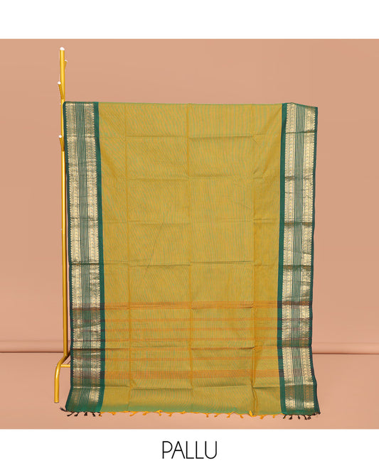 Green Plain Chettinad Cotton Saree, Complemented by Contrast Traditional Zari Design Border, Pallu of Stripes, and Paired with a Matching Blouse