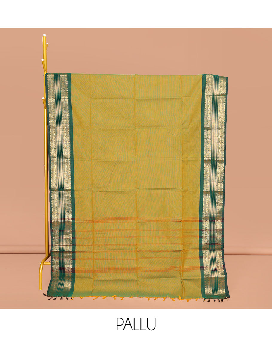 Green Plain Chettinad Cotton Saree, Complemented by Contrast Traditional Zari Design Border, Pallu of Stripes, and Paired with a Matching Blouse