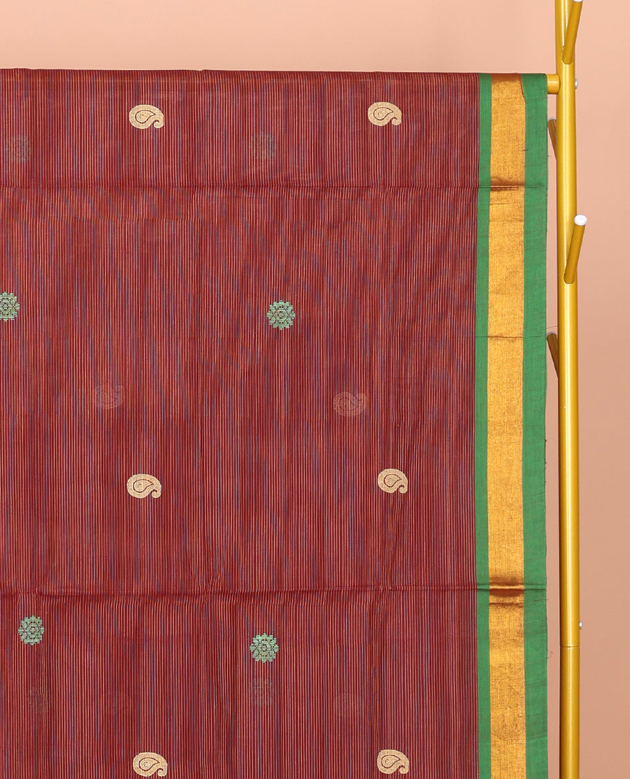 Red Venkatagiri Cotton Saree, Subtly Woven with Buttas, a Contrast Traditional Zari Border, Pallu of Buttas and Stripes, and No Blouse