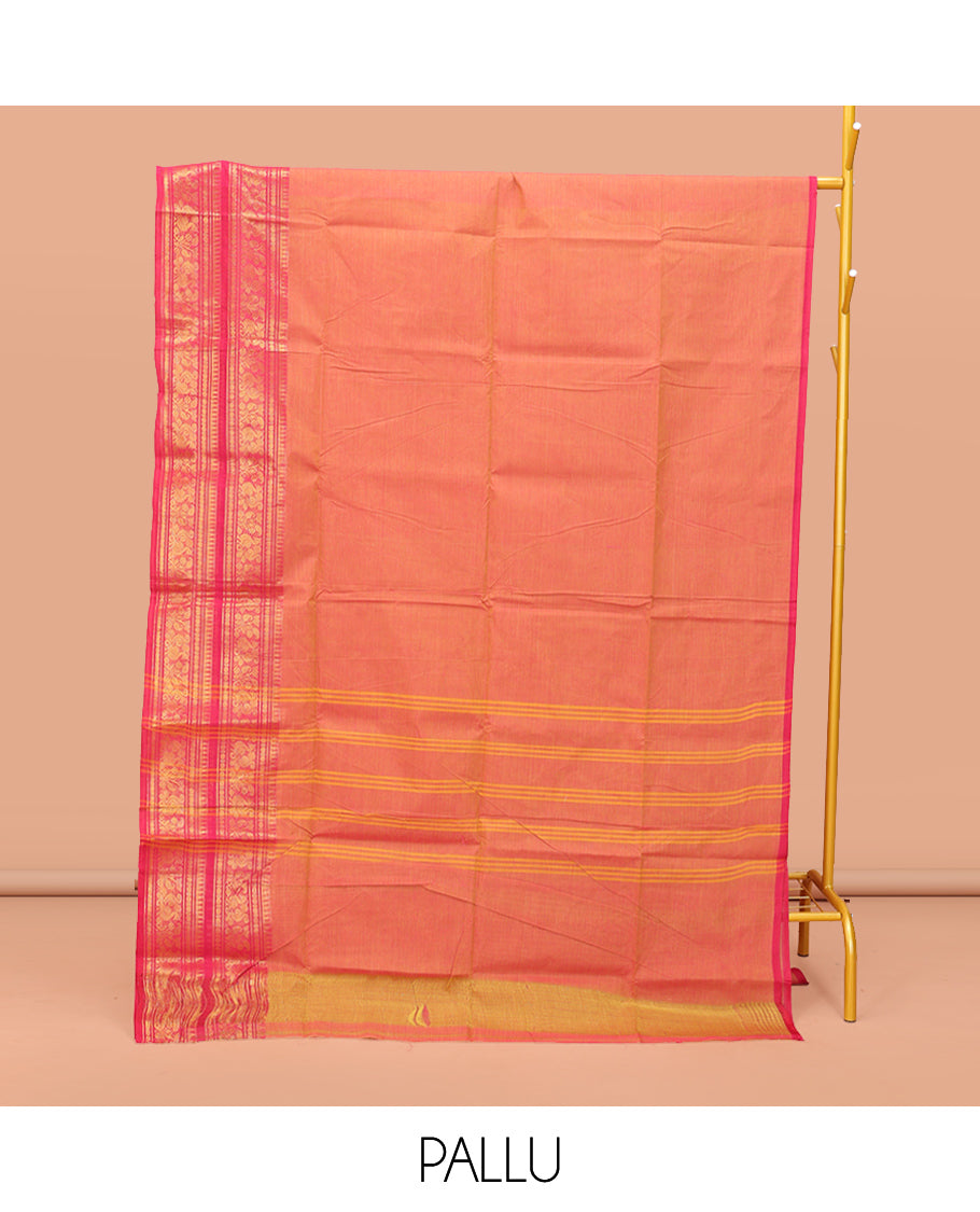 Pink-Orange Plain Chettinad Cotton Saree, Complemented by a Contrast Traditional Zari Border of Peacock Designs, Striped Pallu, and Paired with a Matching Blouse