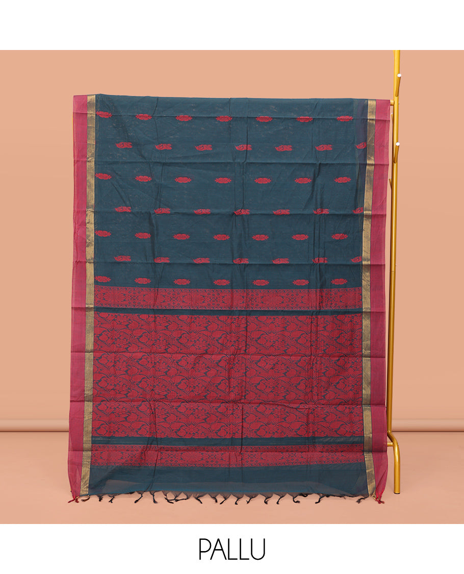 Teal Blue Kanchi Cotton Saree, Elevated with Thread Buttas On Its Body, Complemented by a Contrast Border, Floral-Design Pallu, and a Matching Blouse